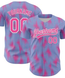 Custom Light Blue Pink-White 3D Pattern Design Halftone Dots Authentic Baseball Jersey