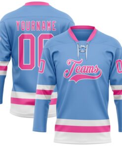 Custom Light Blue Pink-White Hockey Lace Neck Jersey