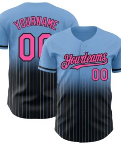 Custom Light Blue Pinstripe Pink-Black Authentic Fade Fashion Baseball Jersey
