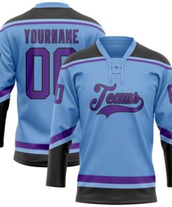 Custom Light Blue Purple-Black Hockey Lace Neck Jersey