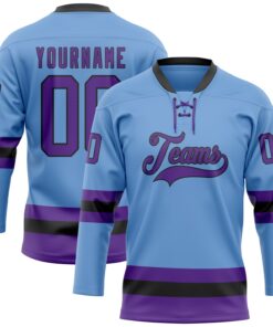 Custom Light Blue Purple-Black Hockey Lace Neck Jersey
