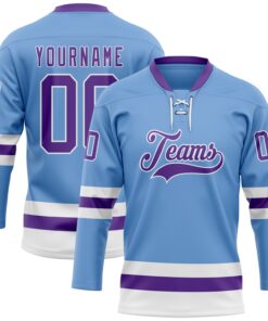 Custom Light Blue Purple-White Hockey Lace Neck Jersey