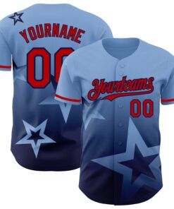 Custom Light Blue Red-Navy 3D Pattern Design Gradient Style Twinkle Star Authentic Baseball Jersey