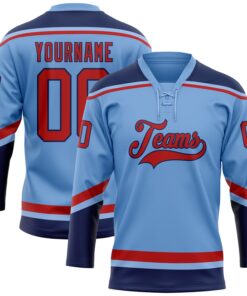 Custom Light Blue Red-Navy Hockey Lace Neck Jersey