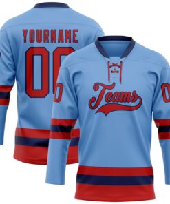 Custom Light Blue Red-Navy Hockey Lace Neck Jersey
