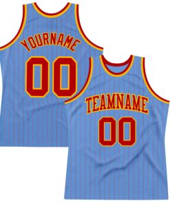 Custom Light Blue Red Pinstripe Red-Gold Authentic Basketball Jersey