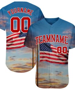 Custom Light Blue Red-White 3D American Flag Fashion Authentic Baseball Jersey