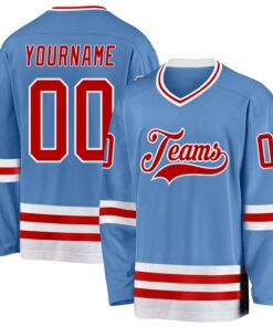 Custom Light Blue Red-White Hockey Jersey