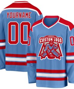 Custom Light Blue Red-White Hockey Jersey