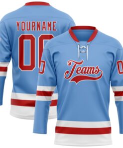 Custom Light Blue Red-White Hockey Lace Neck Jersey