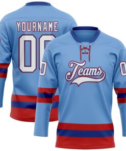 Custom Light Blue Royal-Red Hockey Lace Neck Jersey