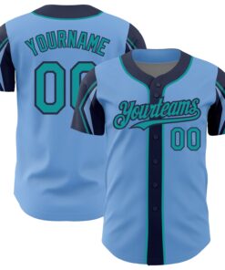 Custom Light Blue Teal-Navy 3 Colors Arm Shapes Authentic Baseball Jersey
