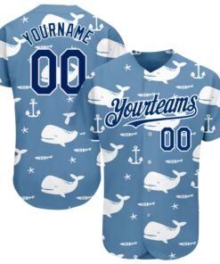 Custom Light Blue US Navy Blue-White 3D Pattern Design Whale Authentic Baseball Jersey