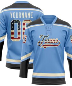 Custom Light Blue Vintage USA Flag Black-Cream Hockey Lace Neck Jersey