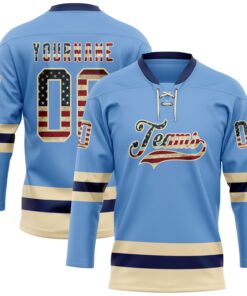Custom Light Blue Vintage USA Flag Cream-Navy Hockey Lace Neck Jersey