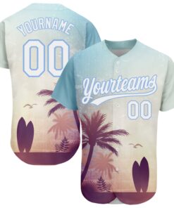 Custom Light Blue White 3D Pattern Design Hawaii Palm Trees And Beach Dusk Authentic Baseball Jersey