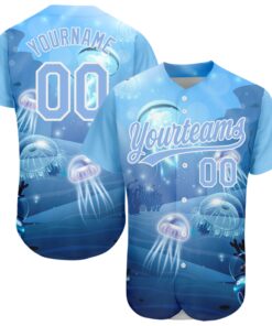 Custom Light Blue White 3D Pattern Design Jellyfish Underwater Life Authentic Baseball Jersey