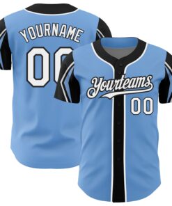 Custom Light Blue White-Black 3 Colors Arm Shapes Authentic Baseball Jersey