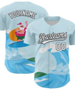 Custom Light Blue White-Black 3D Funny Christmas Authentic Baseball Jersey