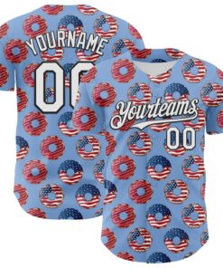 Custom Light Blue White-Black 3D Pattern Design USA Flag Foodie Food Dessert Donut Authentic Baseball Jersey