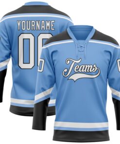 Custom Light Blue White-Black Hockey Lace Neck Jersey