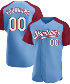Custom Light Blue White-Crimson Authentic Raglan Sleeves Baseball Jersey