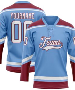 Custom Light Blue White-Crimson Hockey Lace Neck Jersey