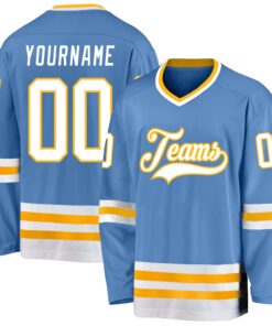 Custom Light Blue White-Gold Hockey Jersey