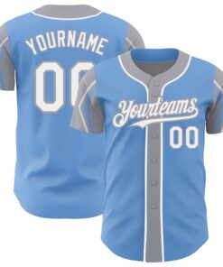 Custom Light Blue White-Gray 3 Colors Arm Shapes Authentic Baseball Jersey