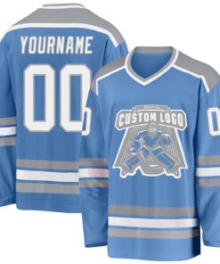 Custom Light Blue White-Gray Hockey Jersey