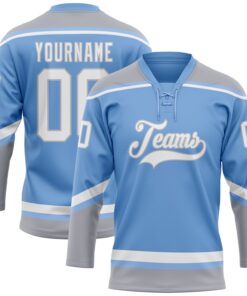 Custom Light Blue White-Gray Hockey Lace Neck Jersey