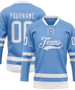 Custom Light Blue White Hockey Lace Neck Jersey