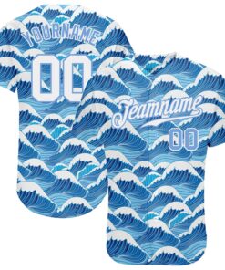 Custom Light Blue White-Light Blue 3D Pattern Design Waves Authentic Baseball Jersey