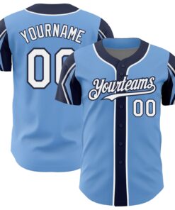 Custom Light Blue White-Navy 3 Colors Arm Shapes Authentic Baseball Jersey