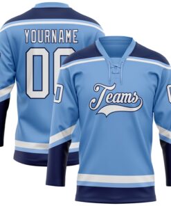 Custom Light Blue White-Navy Hockey Lace Neck Jersey