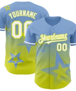 Custom Light Blue White-Neon Yellow 3D Pattern Design Gradient Style Twinkle Star Authentic Baseball Jersey