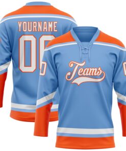 Custom Light Blue White-Orange Hockey Lace Neck Jersey