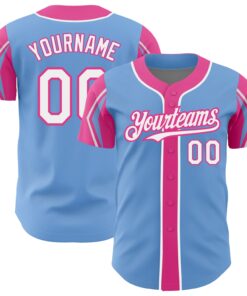 Custom Light Blue White-Pink 3 Colors Arm Shapes Authentic Baseball Jersey