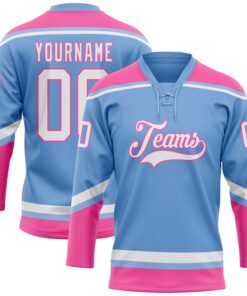 Custom Light Blue White-Pink Hockey Lace Neck Jersey