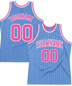 Custom Light Blue White Pinstripe Pink Authentic Basketball Jersey