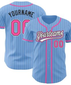 Custom Light Blue White Pinstripe Pink-Black Authentic Baseball Jersey