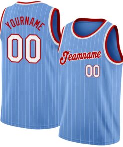 Custom Light Blue White Pinstripe White-Red Authentic Basketball Jersey