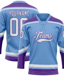 Custom Light Blue White-Purple Hockey Lace Neck Jersey