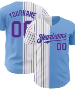 Custom Light Blue White-Purple Pinstripe Authentic Split Fashion Baseball Jersey