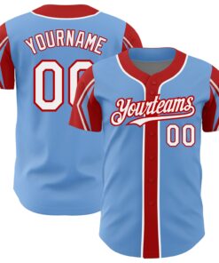 Custom Light Blue White-Red 3 Colors Arm Shapes Authentic Baseball Jersey