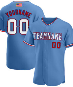 Custom Light Blue White-Red Authentic American Flag Fashion Baseball Jersey
