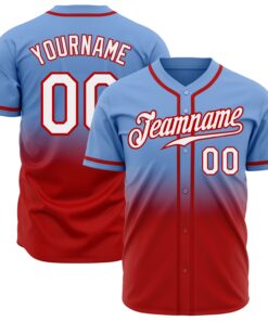 Custom Light Blue White-Red Authentic Fade Fashion Baseball Jersey