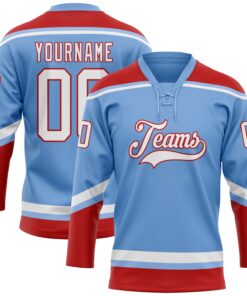 Custom Light Blue White-Red Hockey Lace Neck Jersey