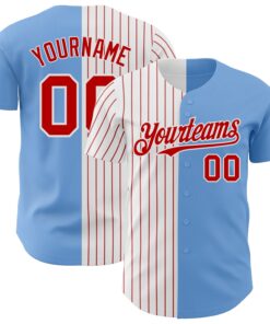 Custom Light Blue White-Red Pinstripe Authentic Split Fashion Baseball Jersey