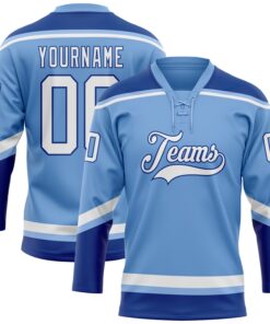 Custom Light Blue White-Royal Hockey Lace Neck Jersey